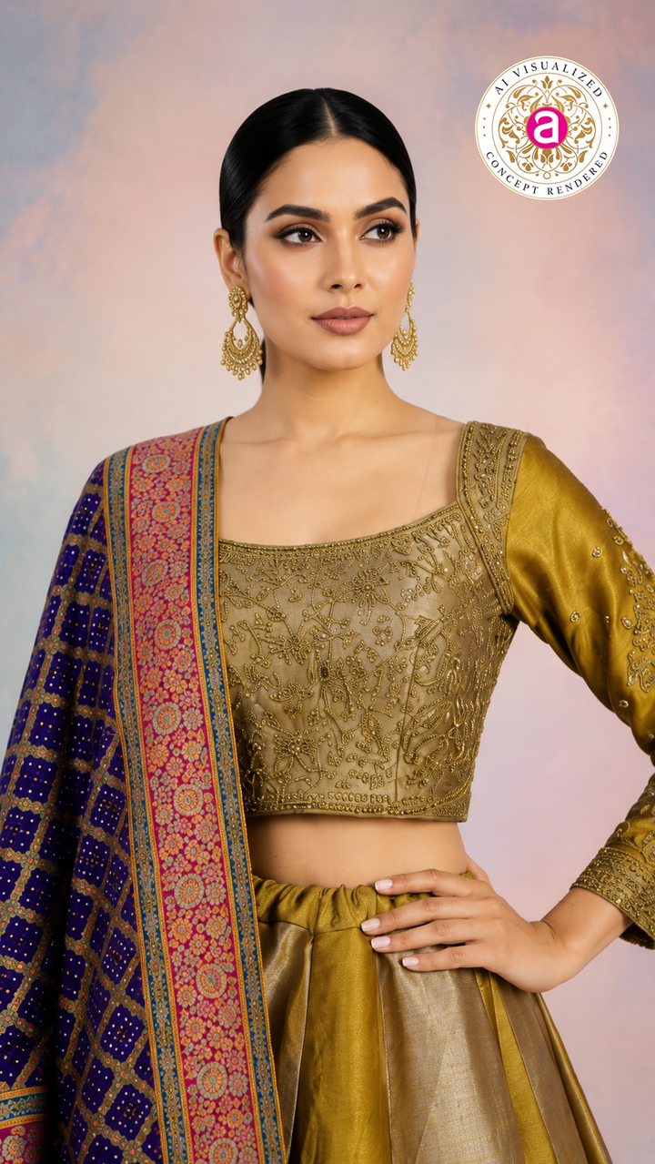 Mustard Gold Silk Lehenga Set with Embroidered Blouse & Banarasi Dupatta