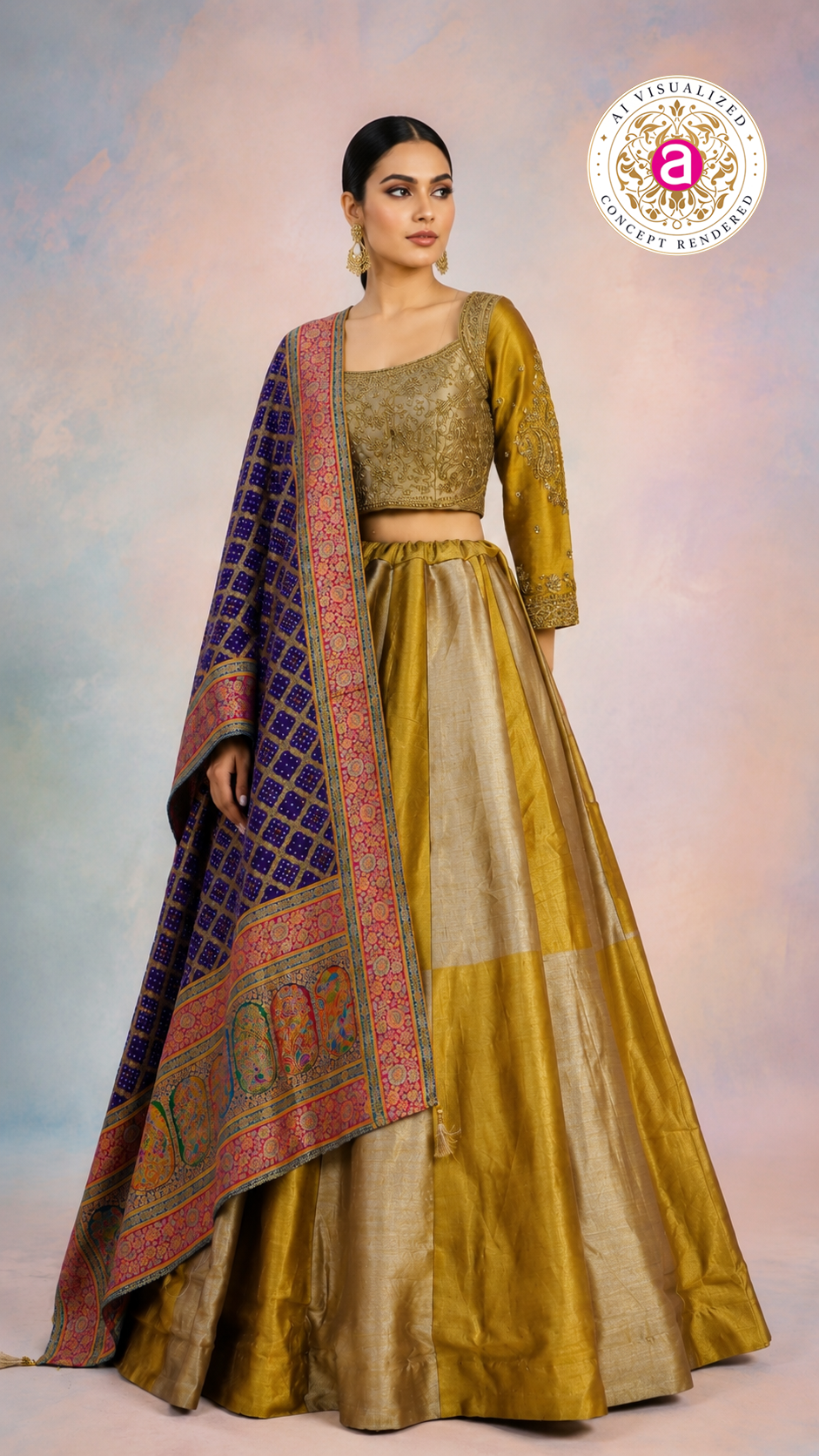 Mustard Gold Silk Lehenga Set with Embroidered Blouse & Banarasi Dupatta