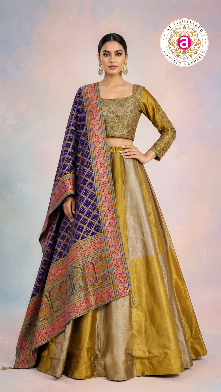 Mustard Gold Silk Lehenga Set with Embroidered Blouse & Banarasi Dupatta