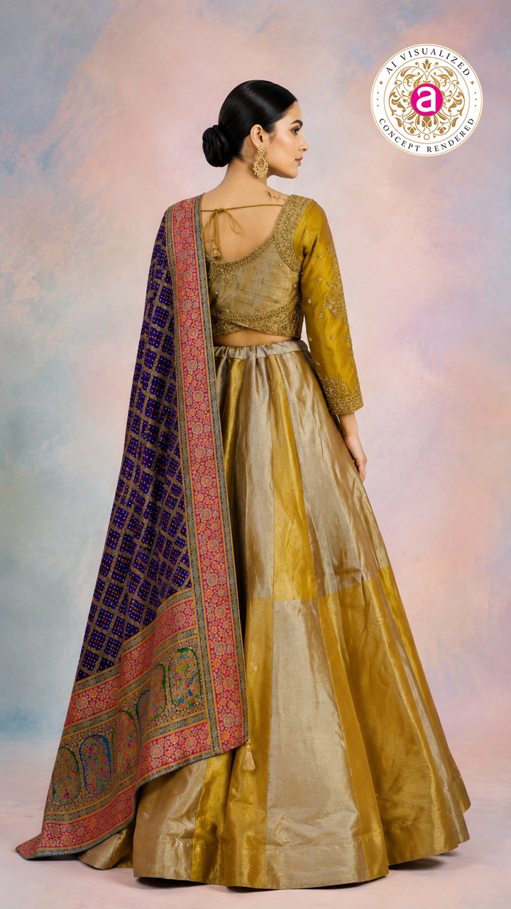 Mustard Gold Silk Lehenga Set with Embroidered Blouse & Banarasi Dupatta