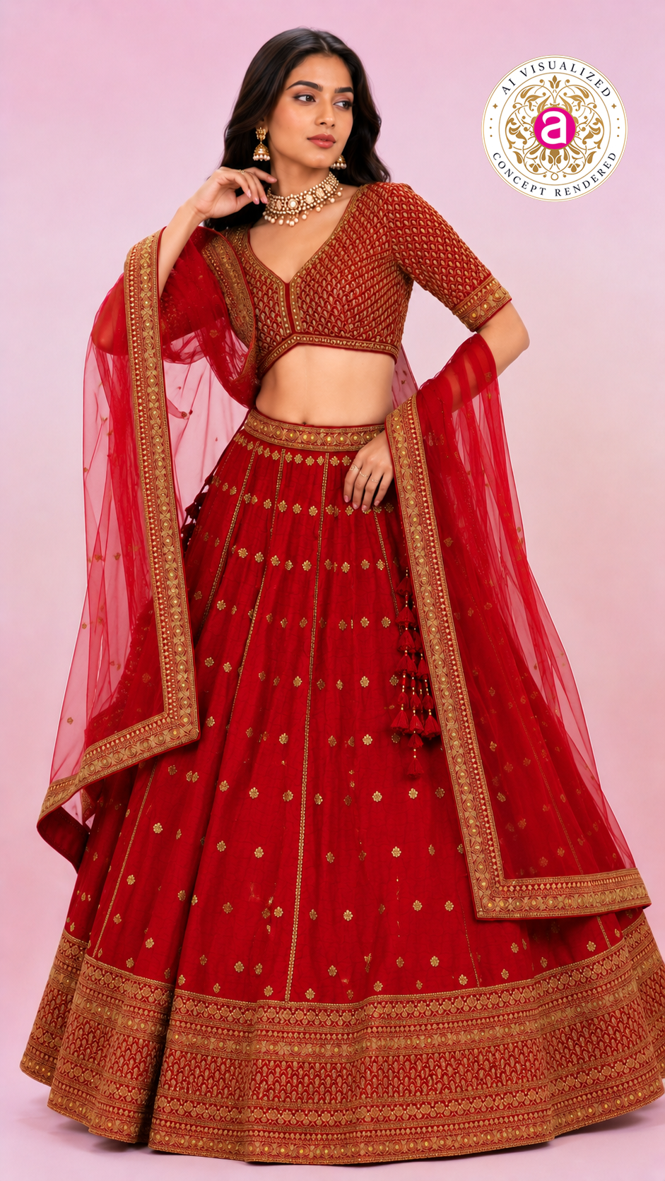 Bridal Red Embroidered Lehenga Choli with Net Dupatta