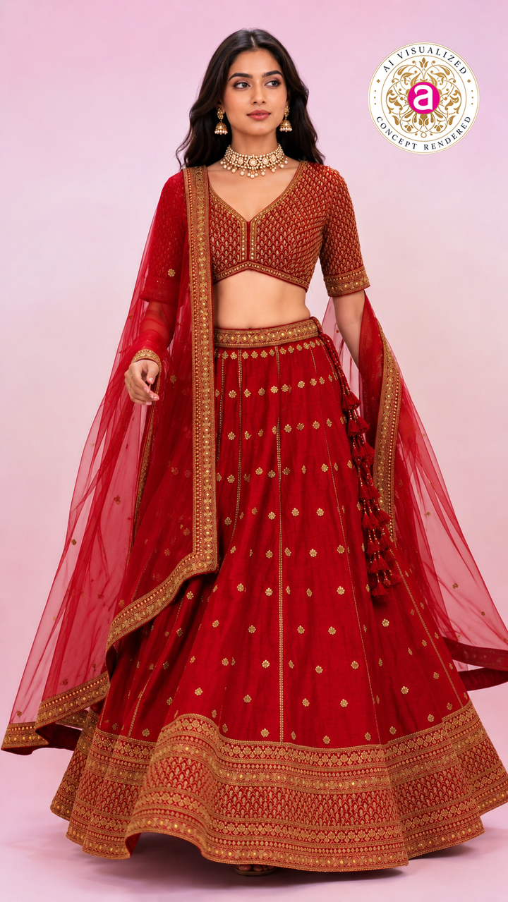 Bridal Red Embroidered Lehenga Choli with Net Dupatta
