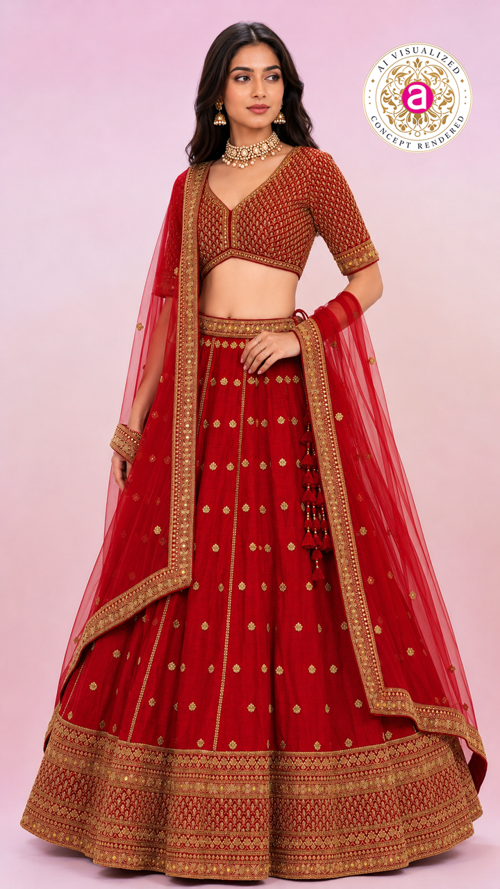 Bridal Red Embroidered Lehenga Choli with Net Dupatta