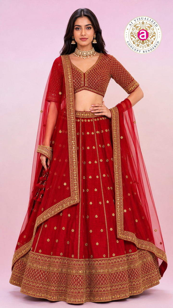 Bridal Red Embroidered Lehenga Choli with Net Dupatta