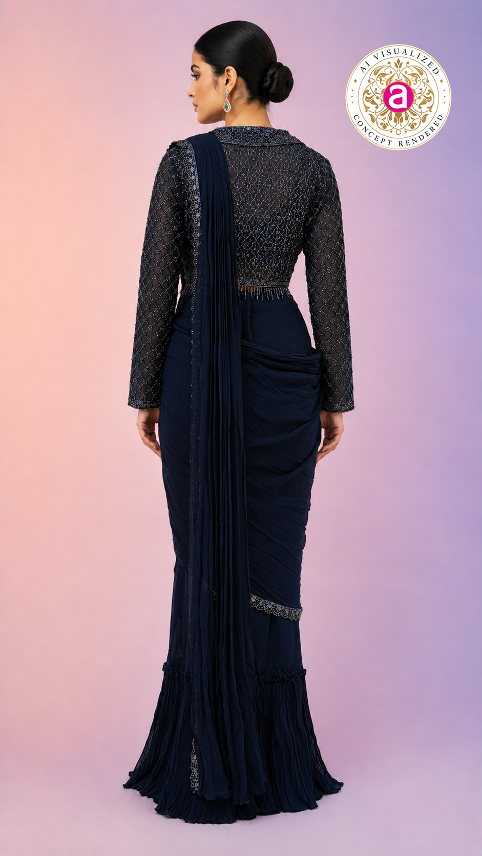 Navy Blue Ready-to-Wear Saree with Embellished Designer Blouse