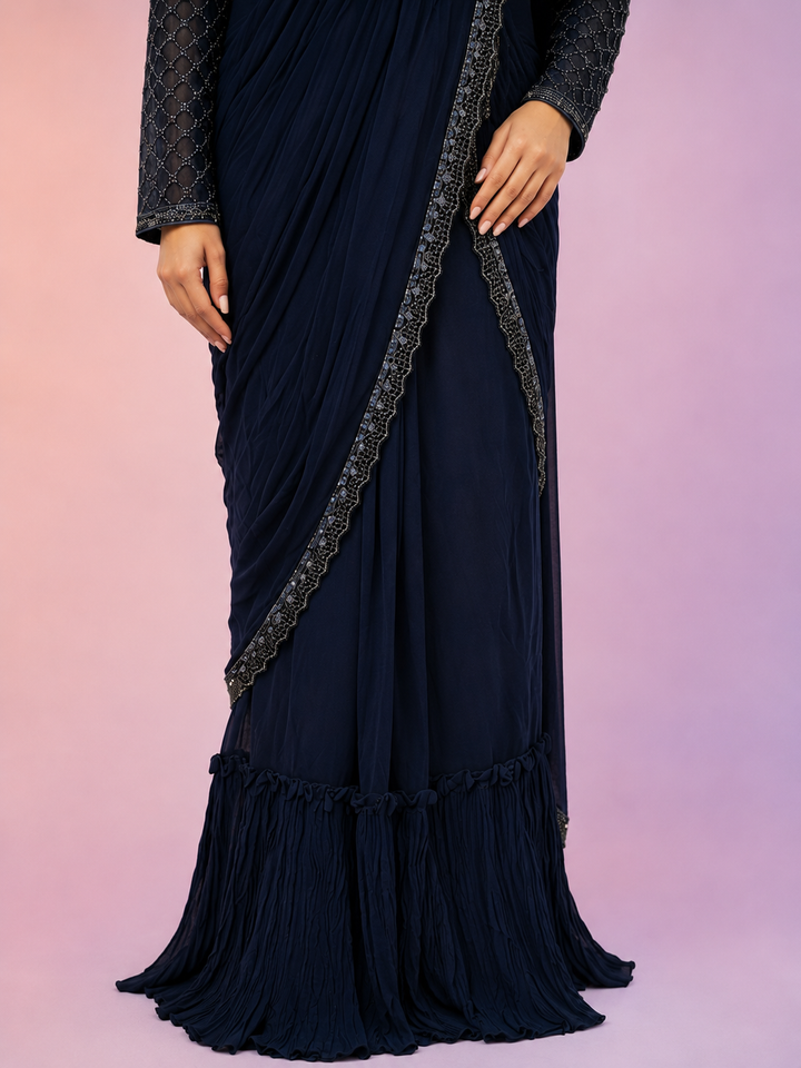 Navy Blue Ready-to-Wear Saree with Embellished Designer Blouse
