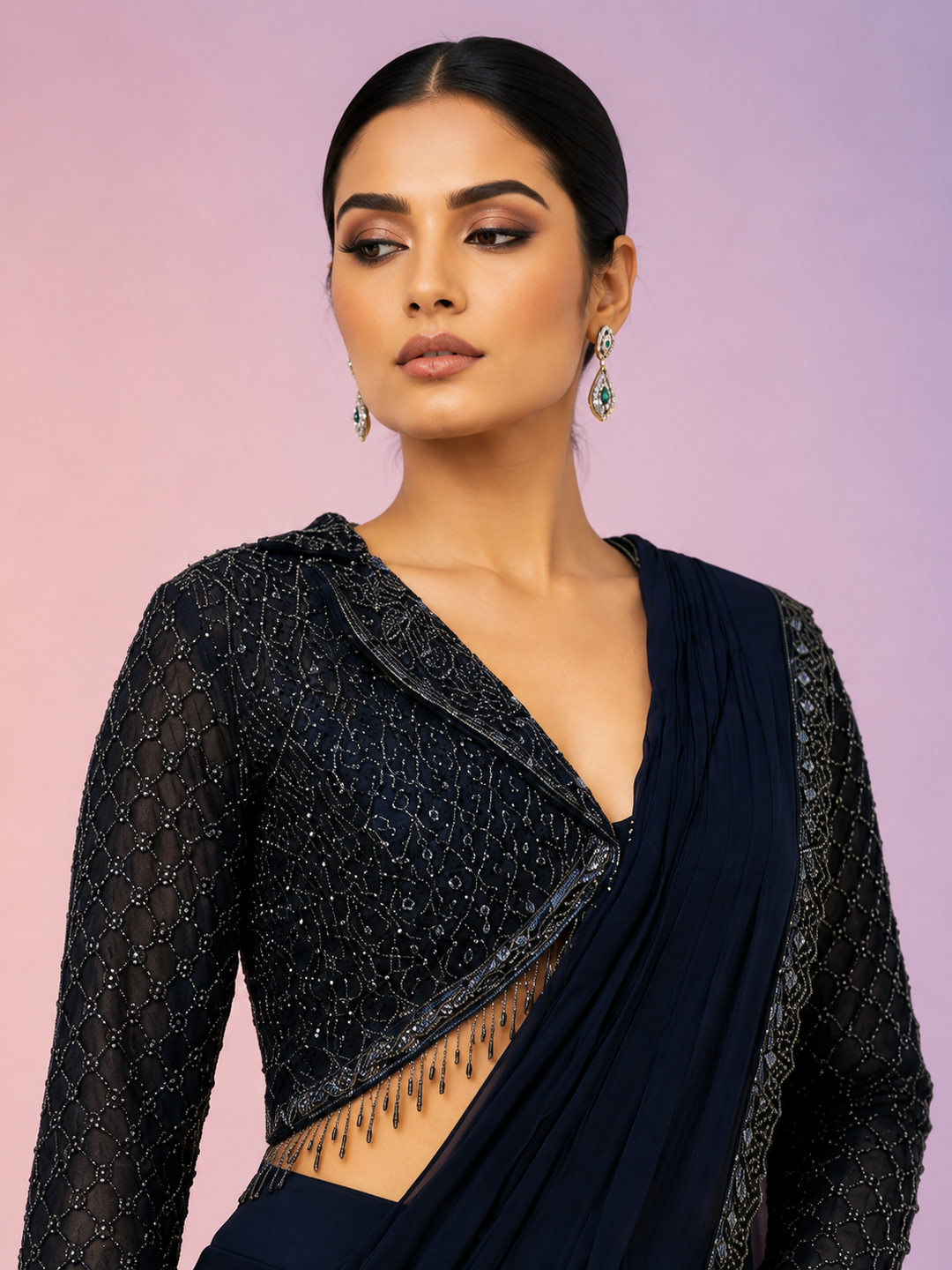 Navy Blue Ready-to-Wear Saree with Embellished Designer Blouse