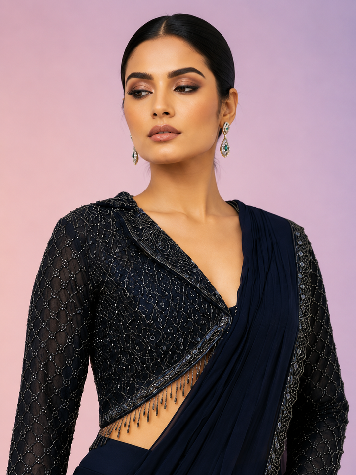 Navy Blue Ready-to-Wear Saree with Embellished Designer Blouse