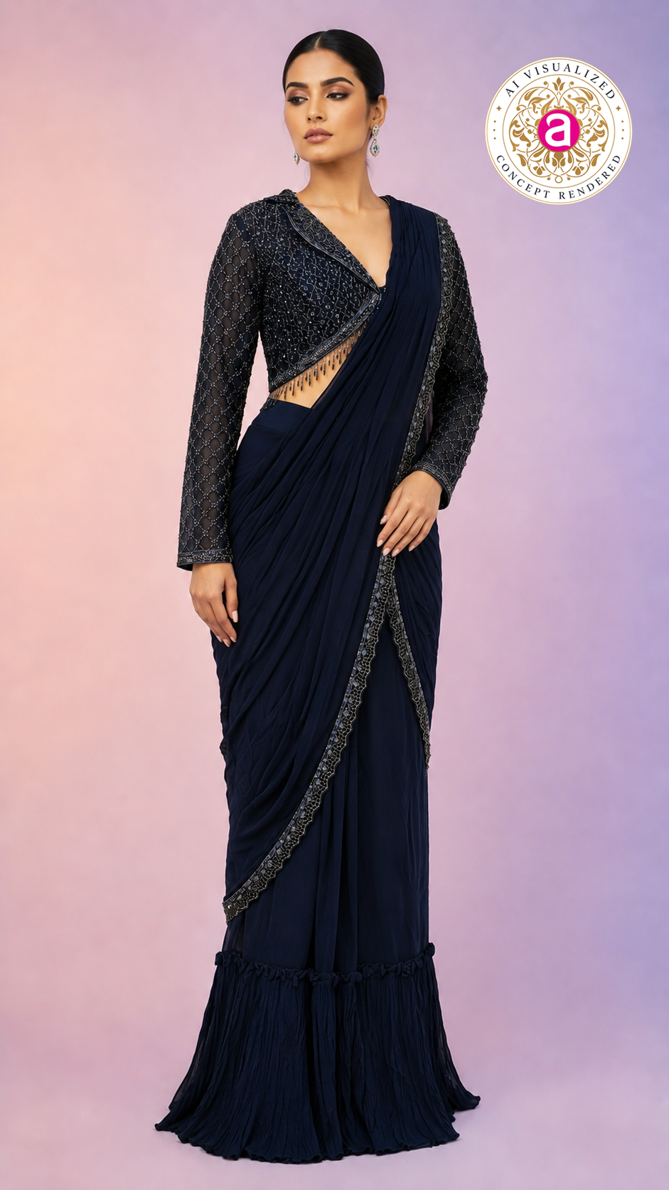 Navy Blue Ready-to-Wear Saree with Embellished Designer Blouse
