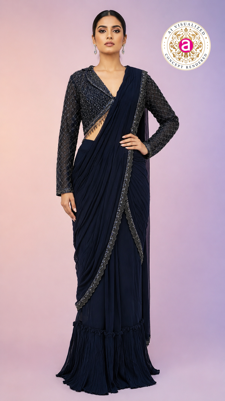 Navy Blue Ready-to-Wear Saree with Embellished Designer Blouse