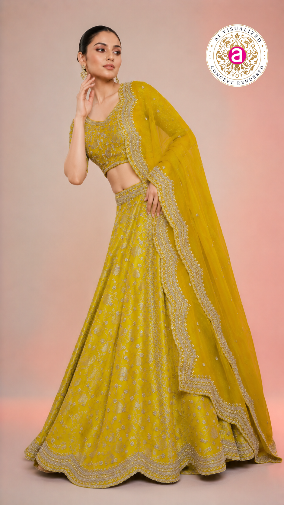 Mustard Yellow Embroidered Lehenga Choli with Net Dupatta