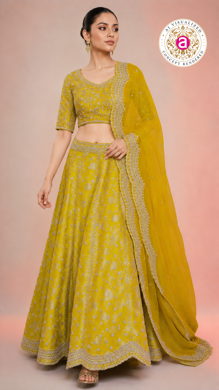 Mustard Yellow Embroidered Lehenga Choli with Net Dupatta