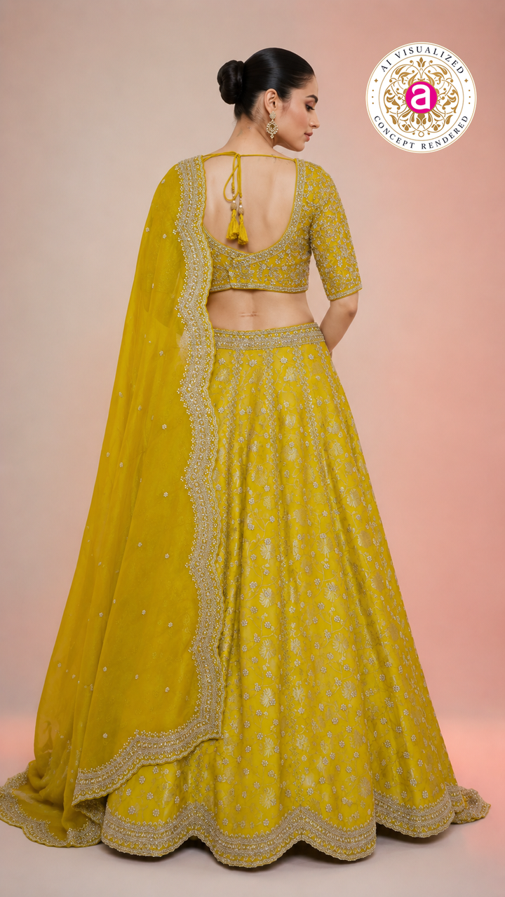 Mustard Yellow Embroidered Lehenga Choli with Net Dupatta