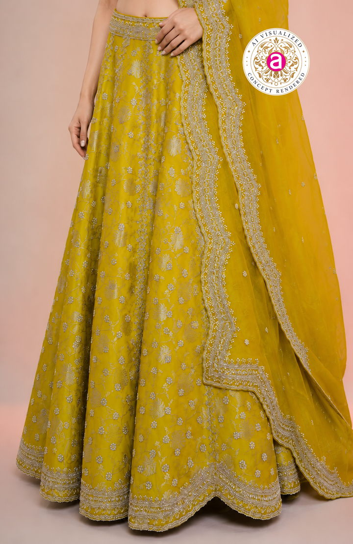 Mustard Yellow Embroidered Lehenga Choli with Net Dupatta