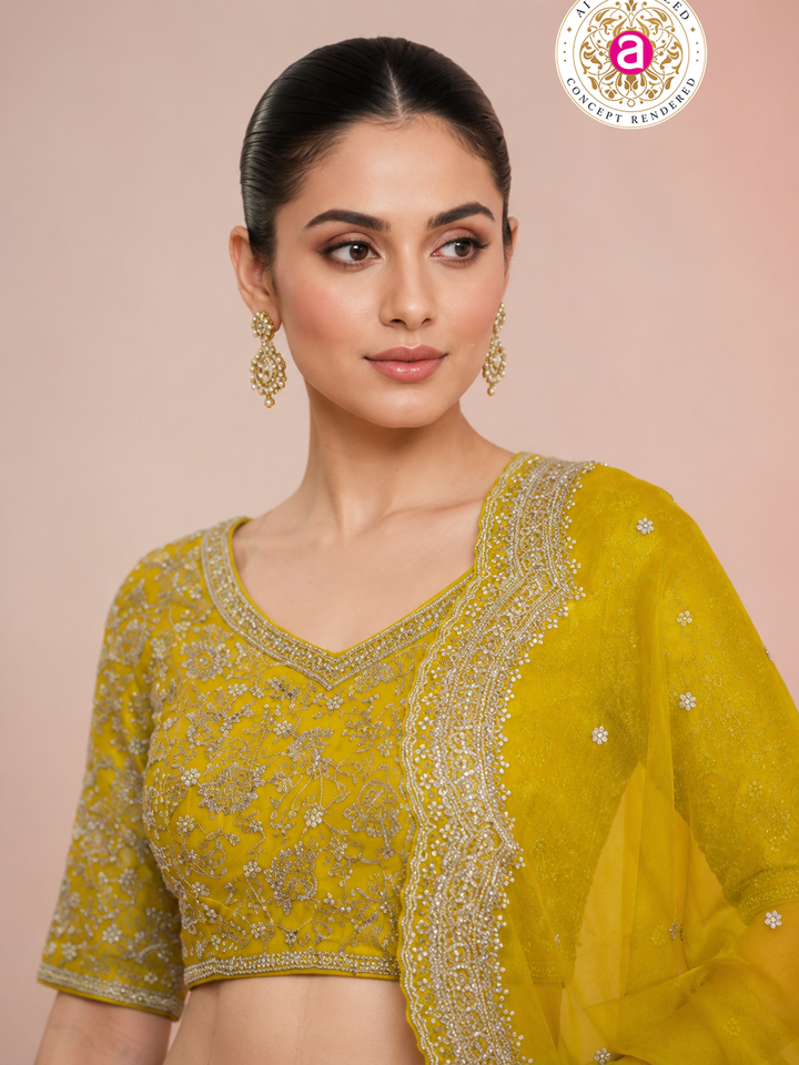 Mustard Yellow Embroidered Lehenga Choli with Net Dupatta