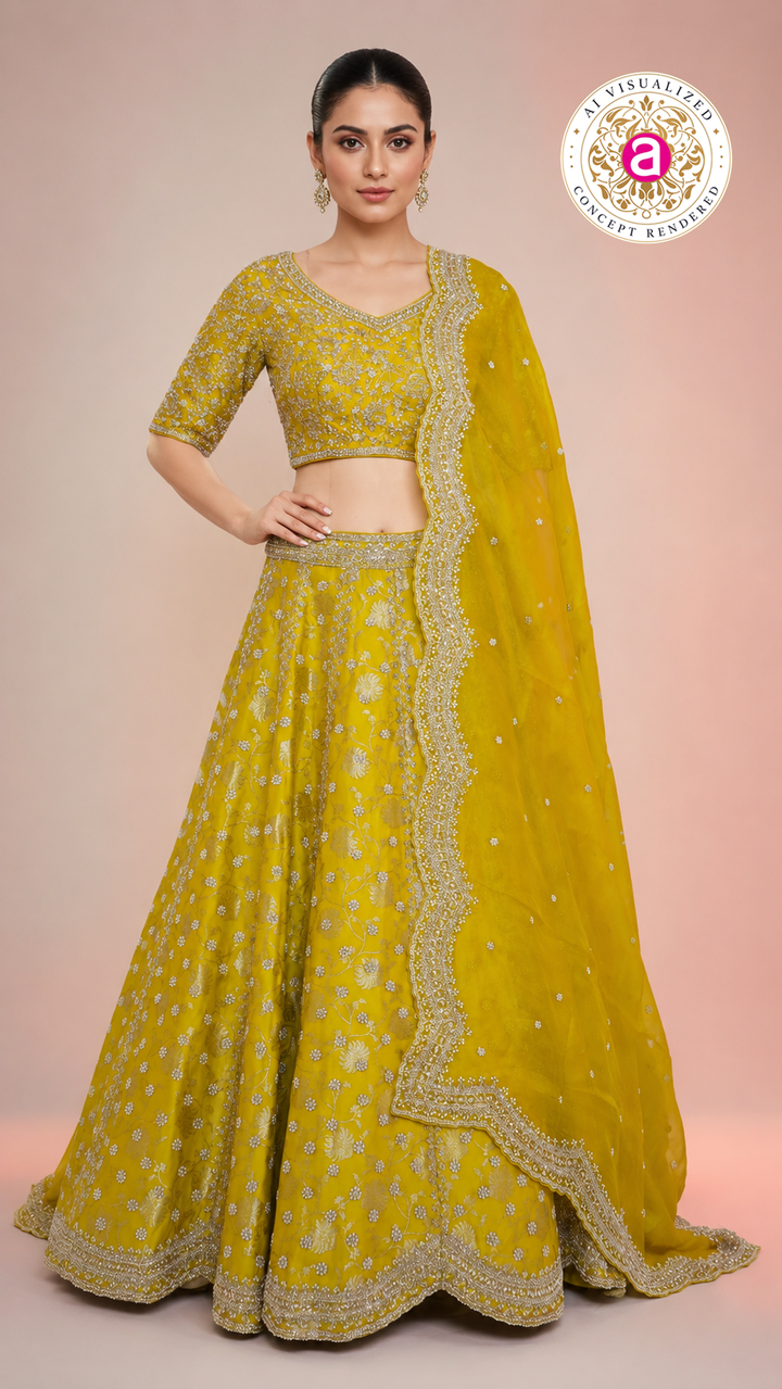 Mustard Yellow Embroidered Lehenga Choli with Net Dupatta