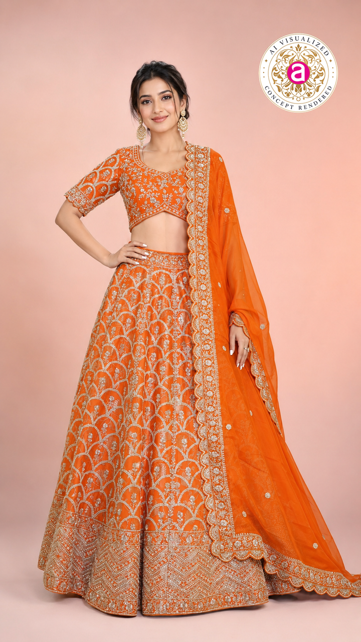 Orange Embroidered Designer Lehenga Choli with Net Dupatta