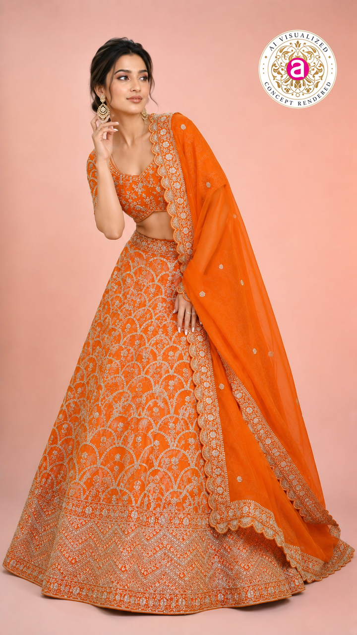 Orange Embroidered Designer Lehenga Choli with Net Dupatta