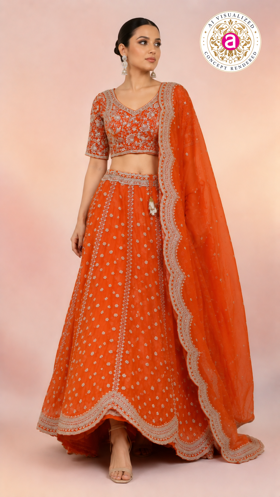Bright Orange Embroidered Lehenga Choli with Designer Dupatta