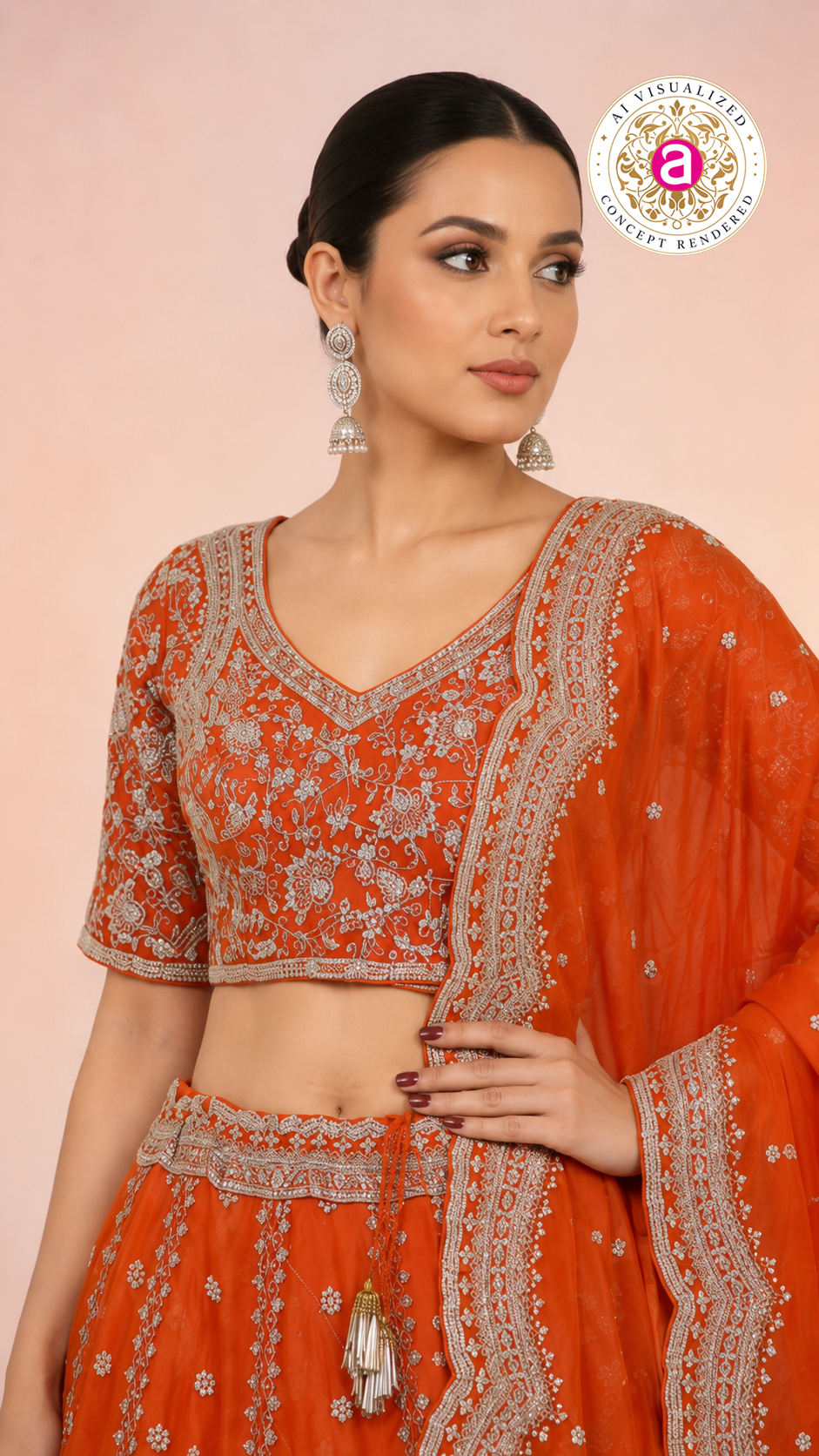 Bright Orange Embroidered Lehenga Choli with Designer Dupatta
