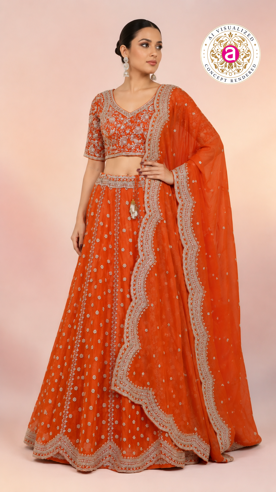 Bright Orange Embroidered Lehenga Choli with Designer Dupatta