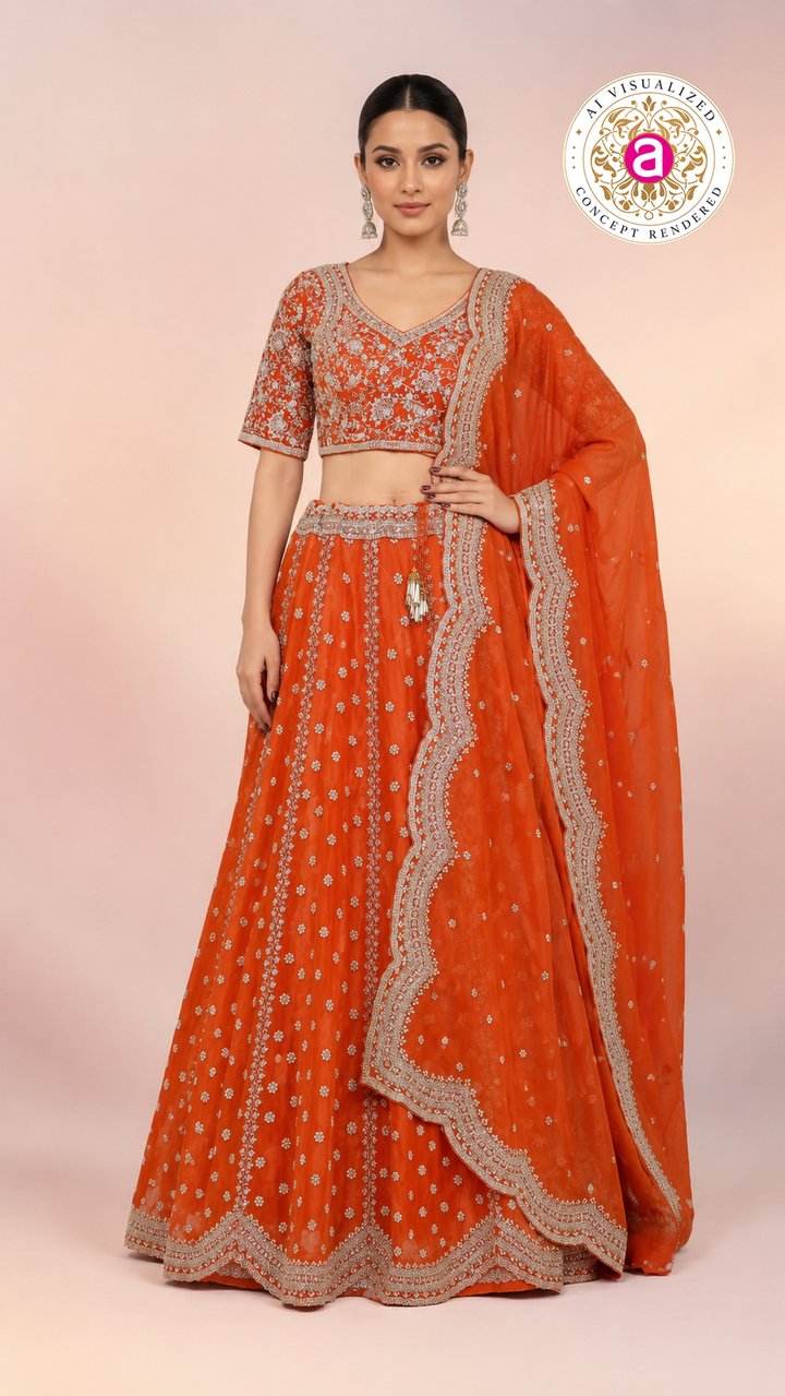 Bright Orange Embroidered Lehenga Choli with Designer Dupatta