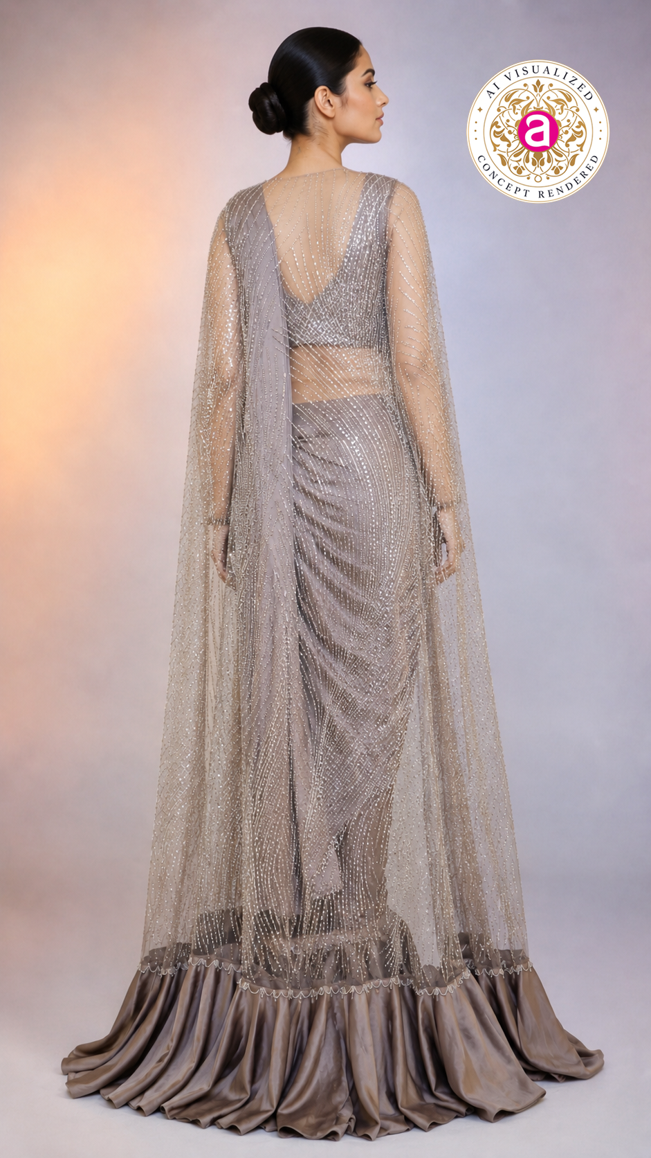 Taupe Grey Sequinned Ready-to-Wear Saree with Embellished Cape