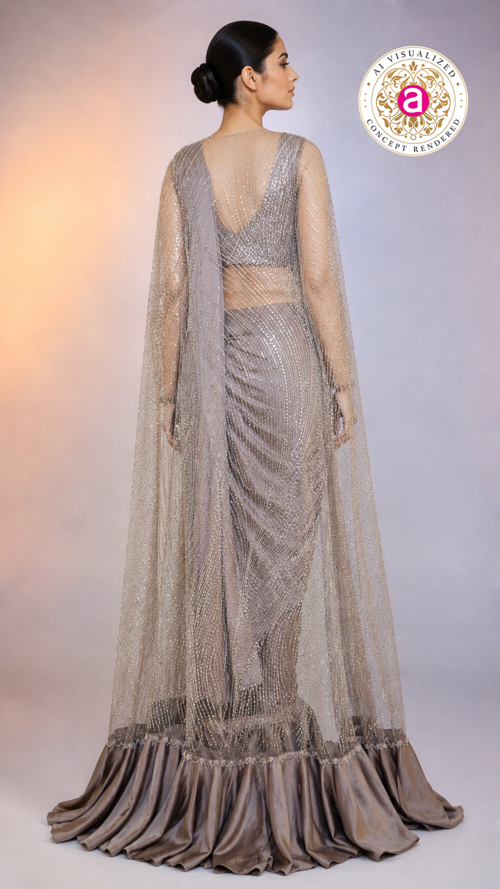 Taupe Grey Sequinned Ready-to-Wear Saree with Embellished Cape