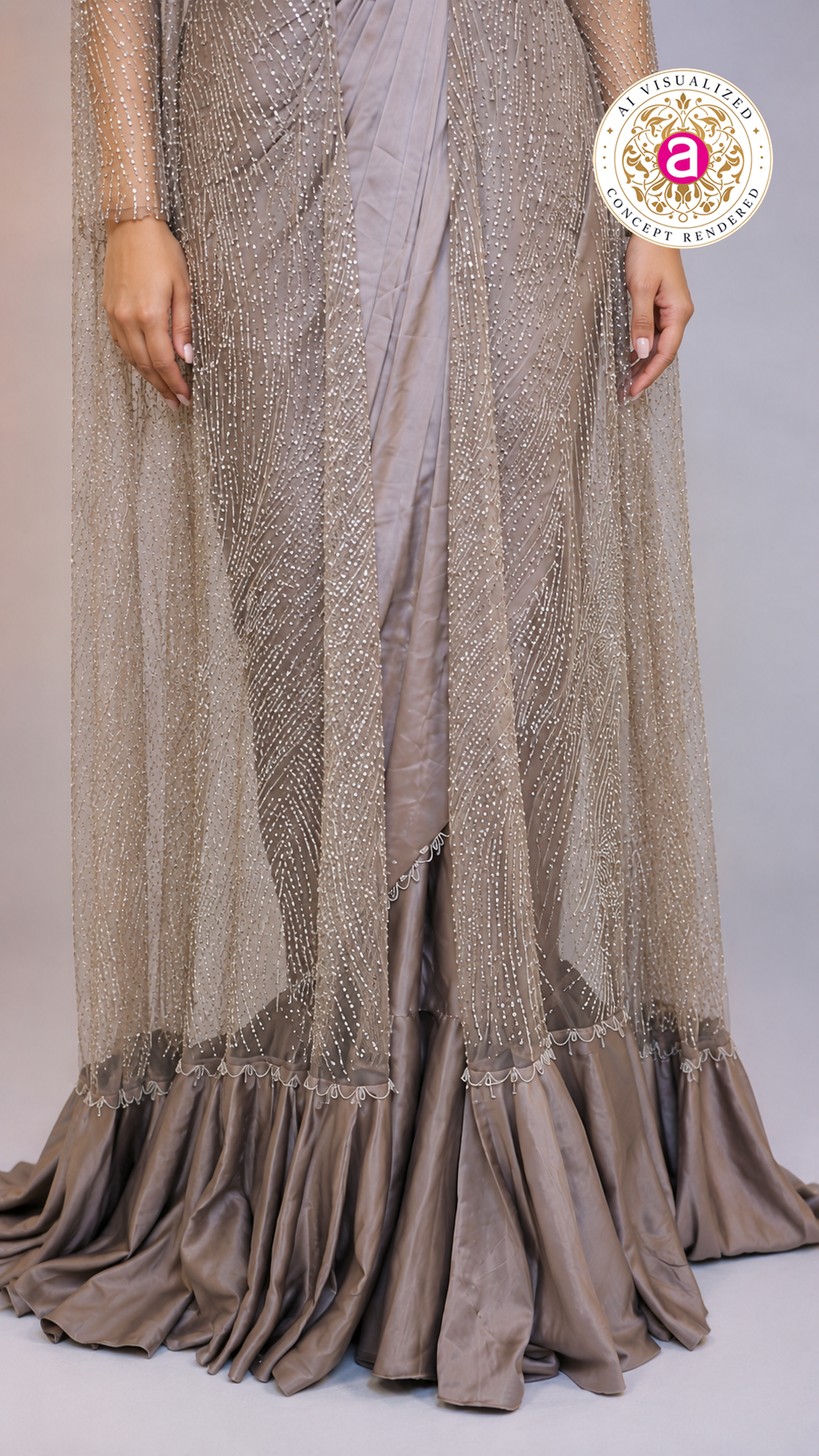 Taupe Grey Sequinned Ready-to-Wear Saree with Embellished Cape