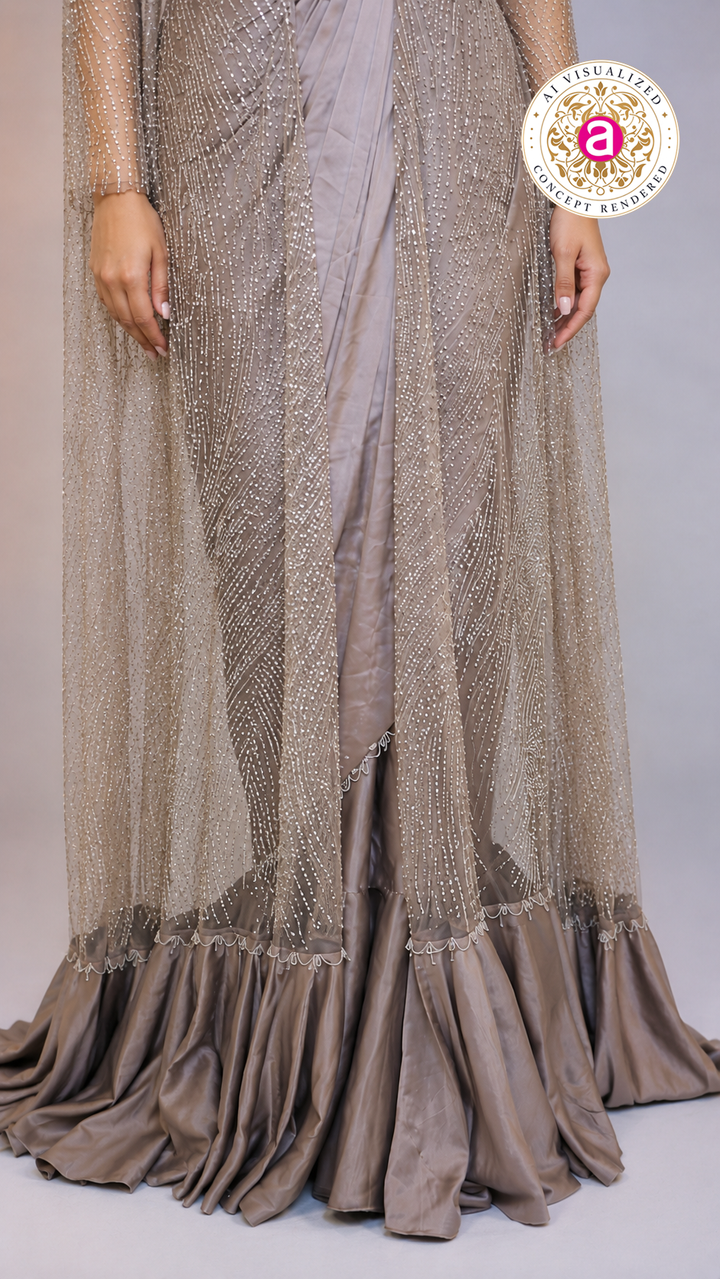 Taupe Grey Sequinned Ready-to-Wear Saree with Embellished Cape