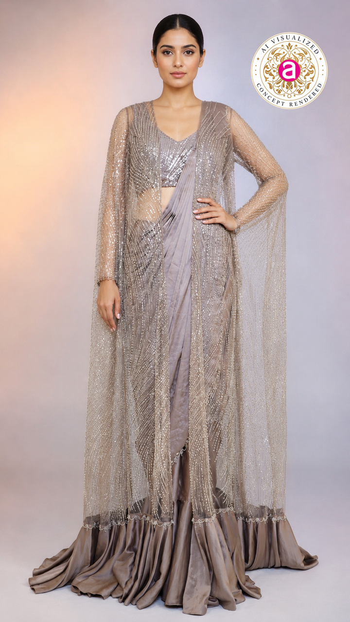 Taupe Grey Sequinned Ready-to-Wear Saree with Embellished Cape
