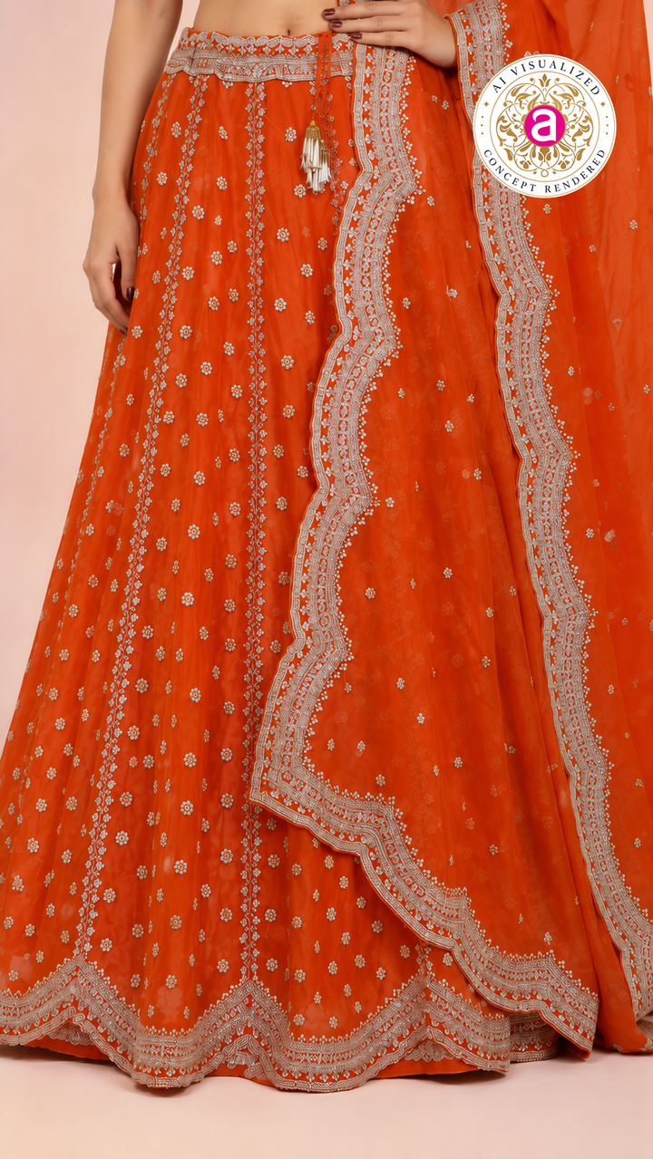 Bright Orange Embroidered Lehenga Choli with Designer Dupatta