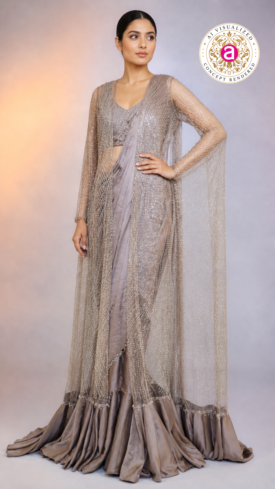 Taupe Grey Sequinned Ready-to-Wear Saree with Embellished Cape