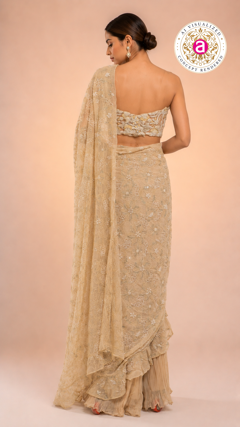 Champagne Beige Ready to Wear Saree with Embroidered Designer Blouse