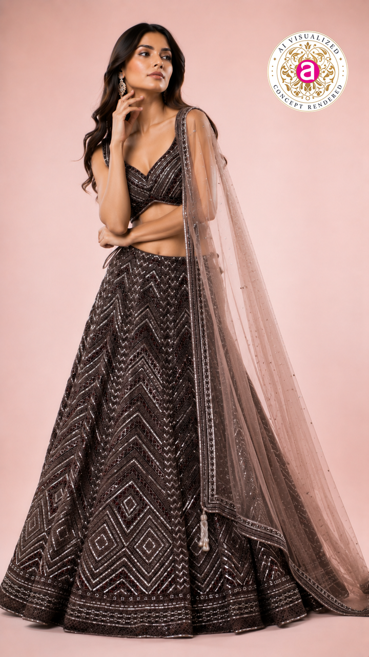 Chocolate Brown Sequined Lehenga Set with Designer Blouse & Sheer Net Dupatta
