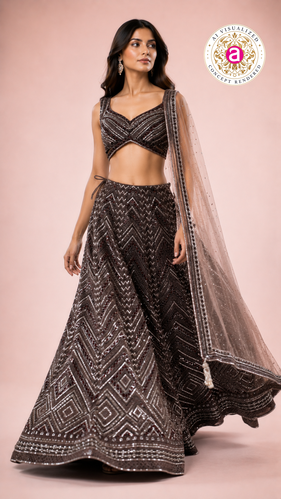 Chocolate Brown Sequined Lehenga Set with Designer Blouse & Sheer Net Dupatta