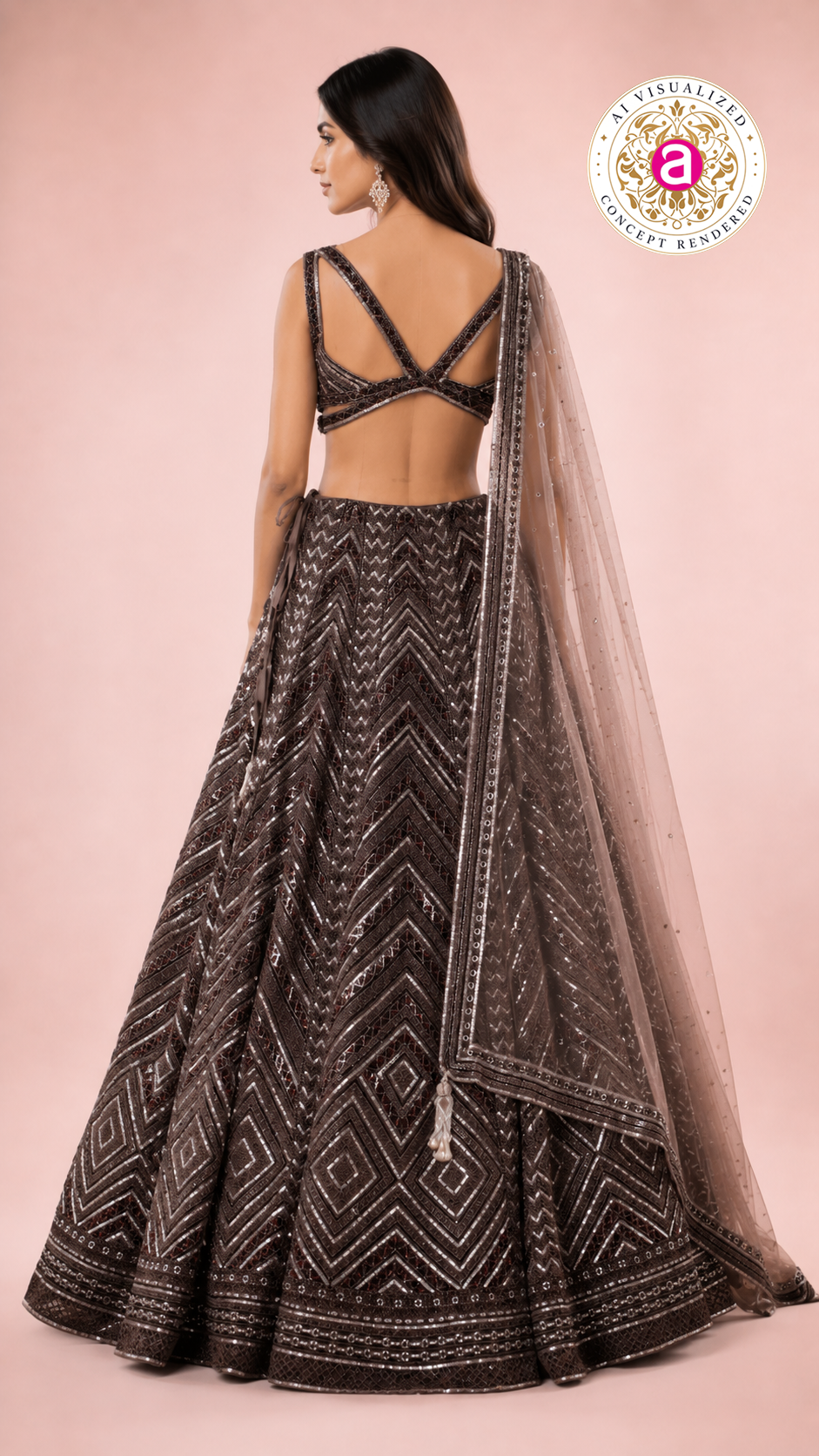 Chocolate Brown Sequined Lehenga Set with Designer Blouse & Sheer Net Dupatta