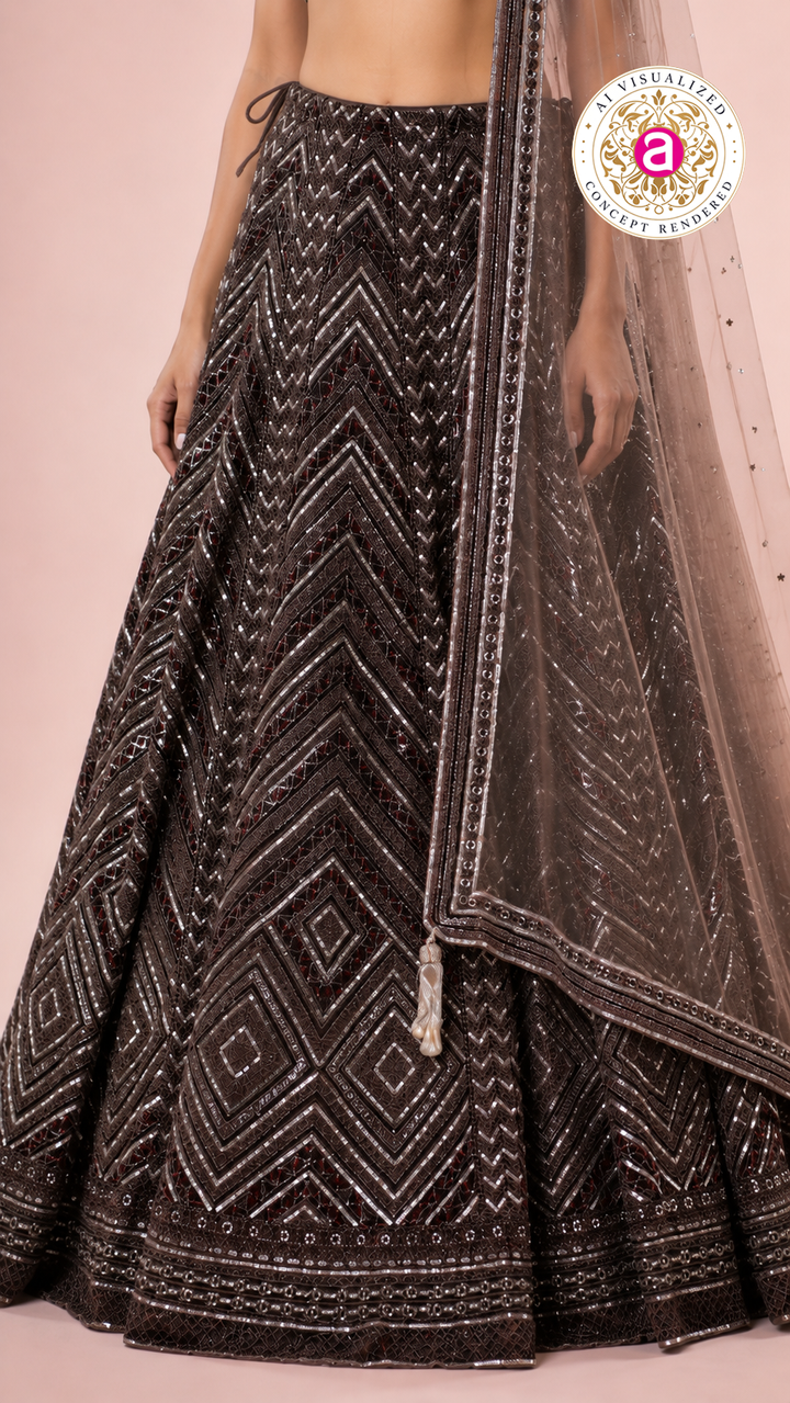 Chocolate Brown Sequined Lehenga Set with Designer Blouse & Sheer Net Dupatta