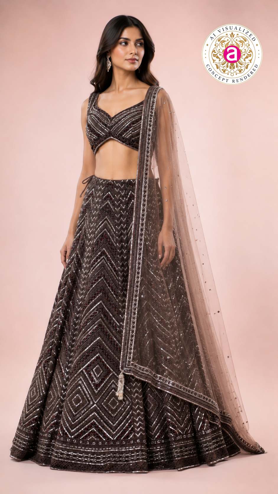 Chocolate Brown Sequined Lehenga Set with Designer Blouse & Sheer Net Dupatta