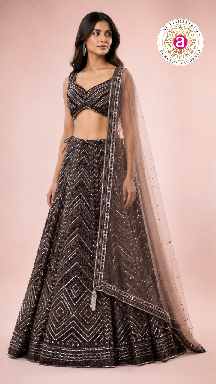 Chocolate Brown Sequined Lehenga Set with Designer Blouse & Sheer Net Dupatta