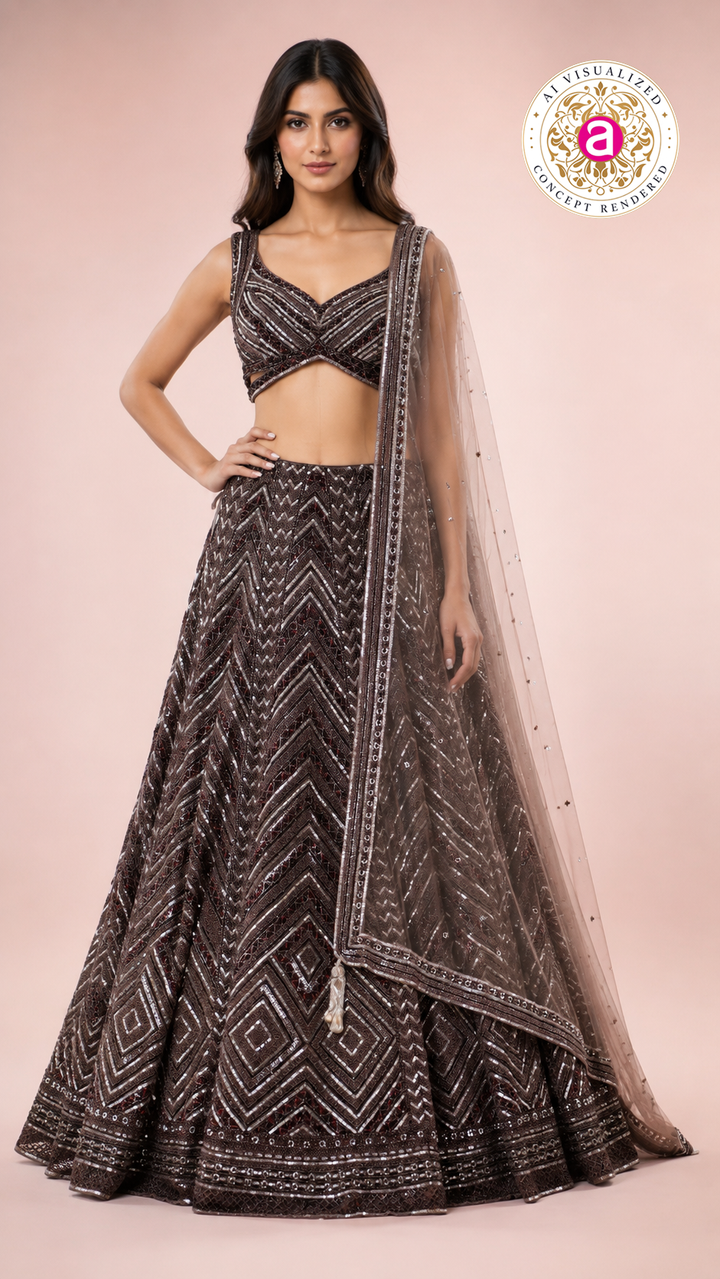 Chocolate Brown Sequined Lehenga Set with Designer Blouse & Sheer Net Dupatta