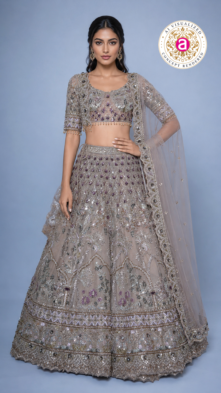 Dusty Mauve Embroidered Lehenga Set with Designer Blouse & Sheer Net Dupatta