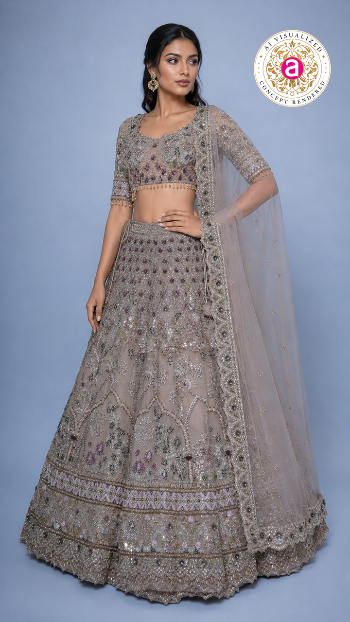 Dusty Mauve Embroidered Lehenga Set with Designer Blouse & Sheer Net Dupatta