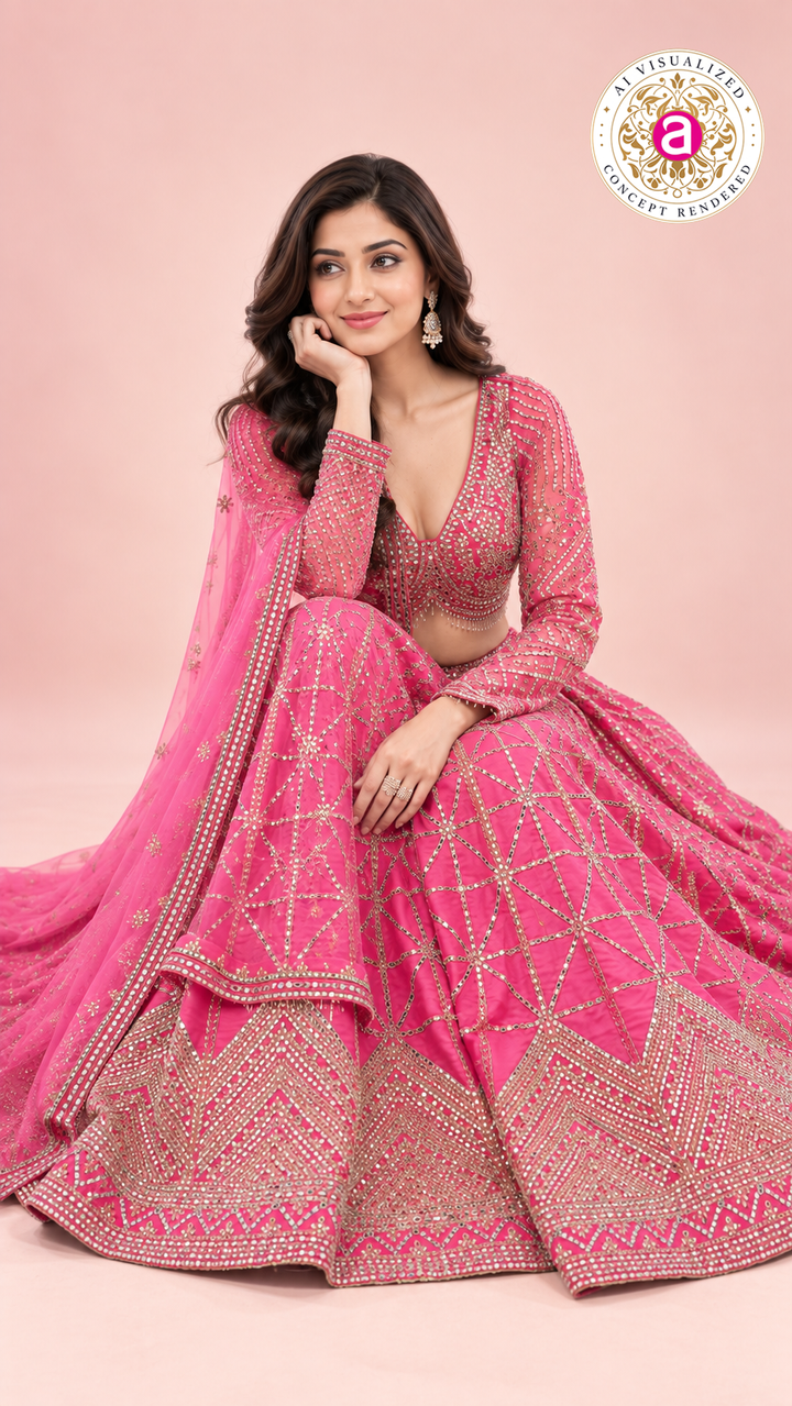 Rani Pink Designer Bridal Lehenga Choli with Heavy Mirror Embroidery and Net Dupatta