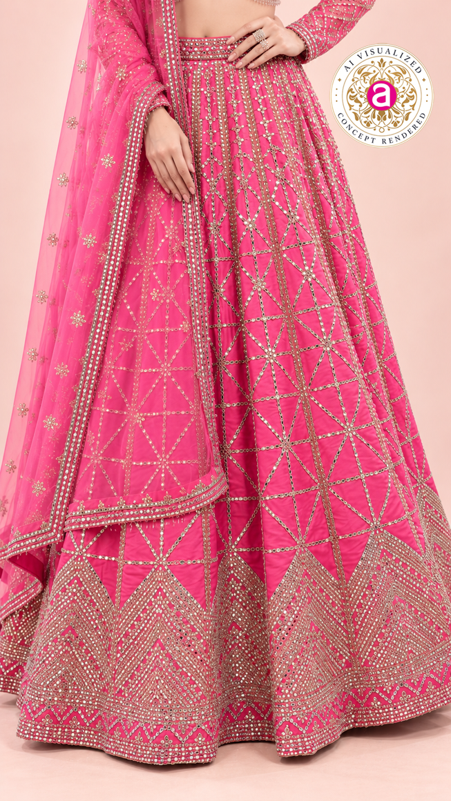 Rani Pink Designer Bridal Lehenga Choli with Heavy Mirror Embroidery and Net Dupatta
