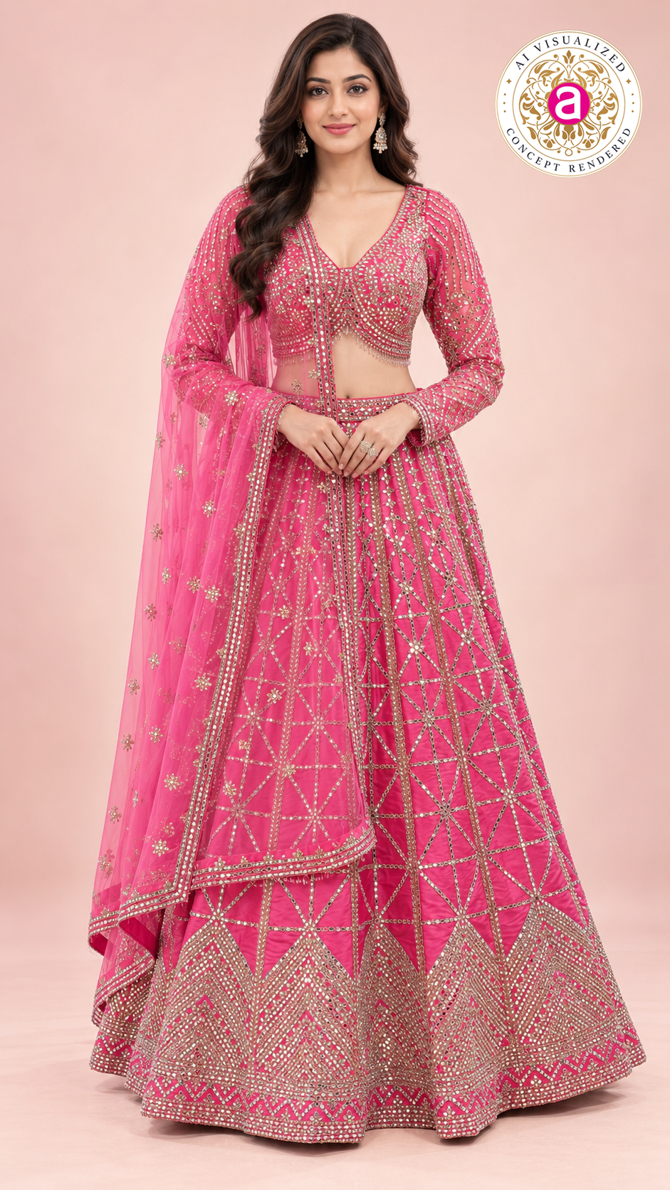 Rani Pink Designer Bridal Lehenga Choli with Heavy Mirror Embroidery and Net Dupatta