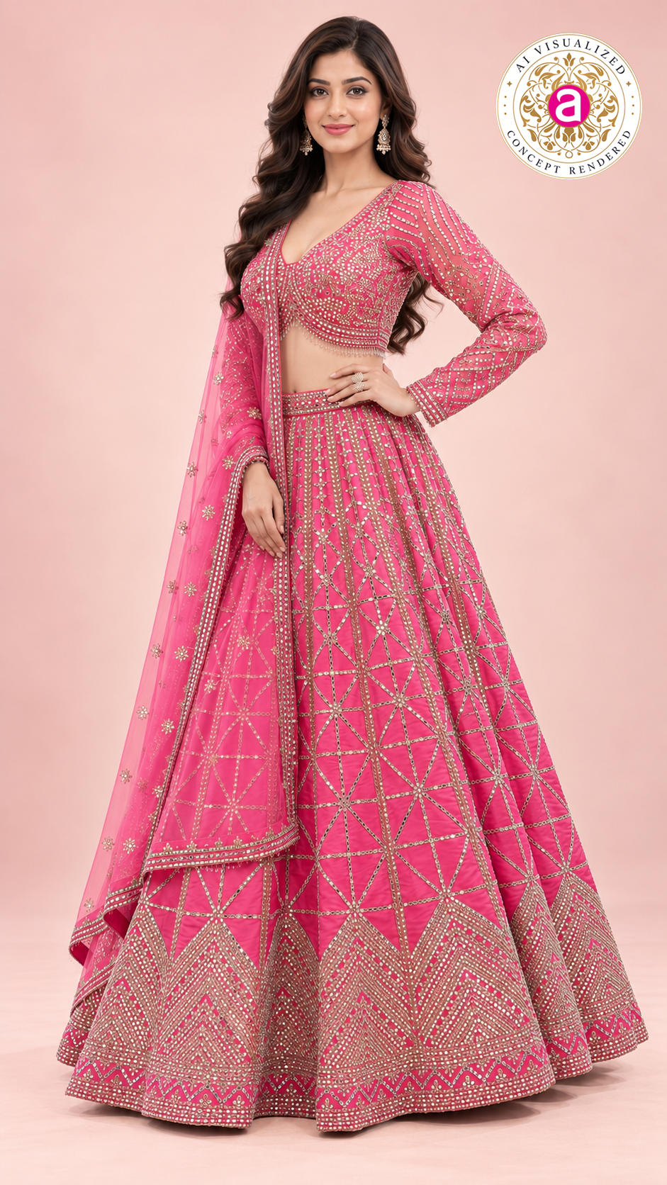 Rani Pink Designer Bridal Lehenga Choli with Heavy Mirror Embroidery and Net Dupatta