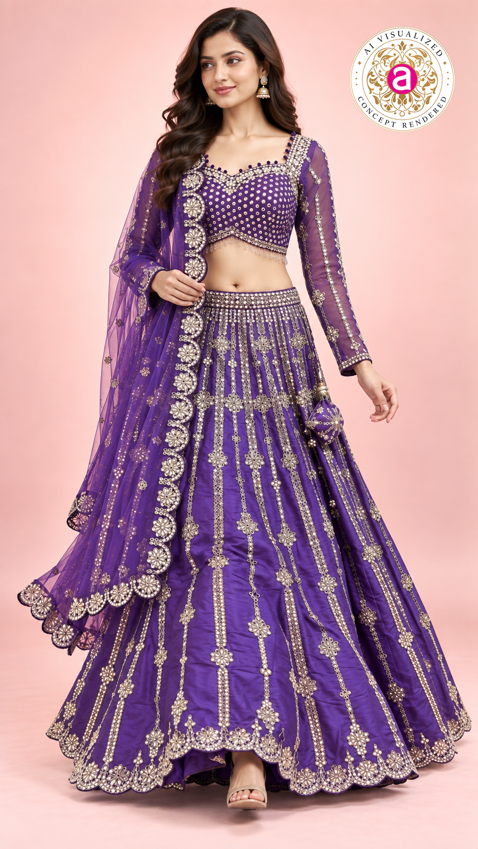 Royal Purple Embroidered Lehenga Choli Set with Sheer Dupatta
