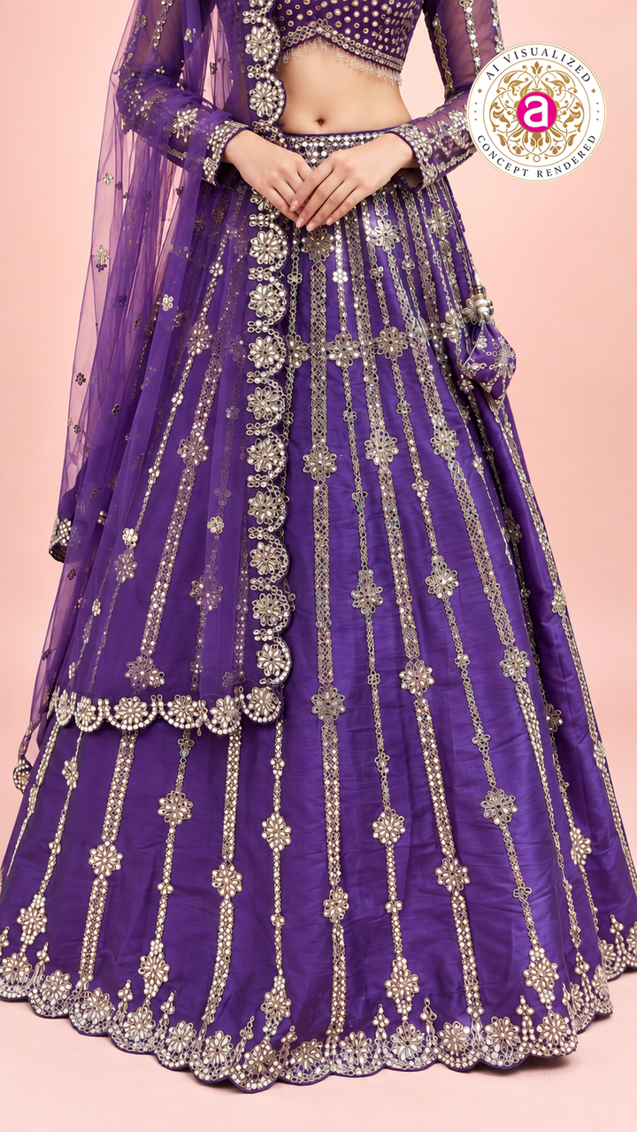 Royal Purple Embroidered Lehenga Choli Set with Sheer Dupatta