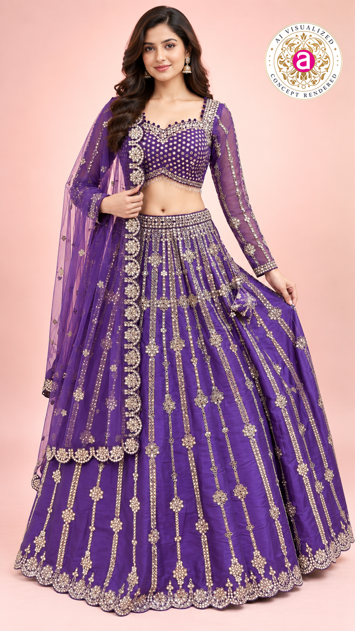Royal Purple Embroidered Lehenga Choli Set with Sheer Dupatta